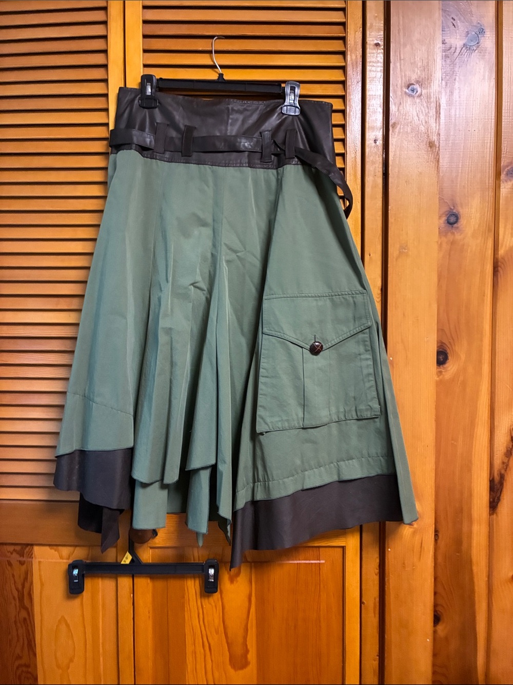 Olive Green Circle Skirt with brown real leather Trim and Pocket length 30”